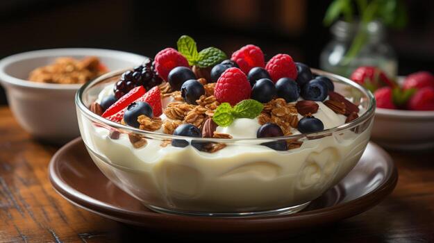 ai generado suntuoso yogur parfait con Granola, Almendras, y un popurrí de Fresco bayas en un claro bol, Perfecto para un sano desayuno o bocadillo foto