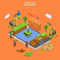 Mobile game development flat isometric vector. vector