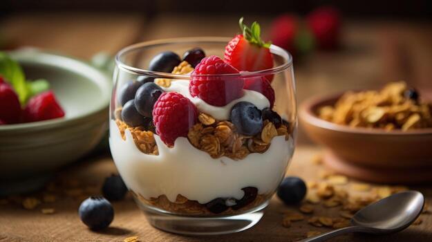 ai generado en capas parfait con cremoso yogur, crujiente Granola, y un generosidad de Fresco fresas, frambuesas, y arándanos foto