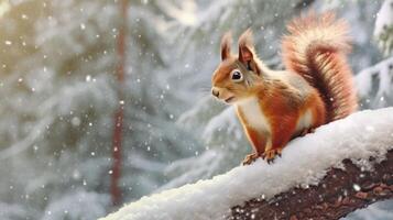 AI generated A curious red squirrel perches on a snow laden branch in a serene winter forest, its fluffy tail and bright eyes highlight its enchanting presence amidst falling snowflakes photo