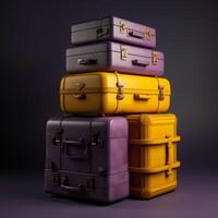 AI generated Stack of colorful travel suitcases. A stack of four suitcases sitting on top of each other photo