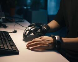 AI generated Close-up on Hands Person with Disability. A person sitting at a desk with a computer photo