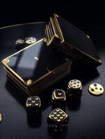 AI generated Three black and gold cards and dices. A black table with gold dice and a black case photo