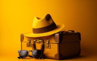 AI generated The picture is a yellow suitcase hat sunglasses. A hat, sunglasses, and suitcase on a yellow background photo