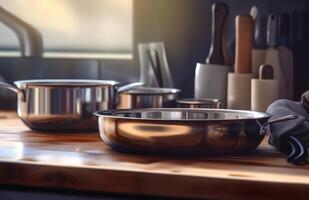 AI generated Wooden wooden kitchen counter. A wooden table topped with pots and pans photo