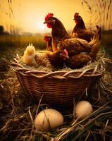 AI generated Chickens in field by basket of eggs. A group of chickens in a basket with eggs photo