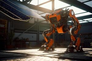 AI generated A solar panel under a robot in an industrial. A robot standing in a warehouse next to a solar panel photo