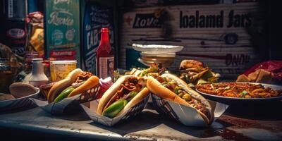 AI generated American street food with tradional setting. A table topped with three hot dogs covered in toppings photo