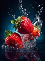AI generated Colorful water in front of two strawberry. Two strawberries are splashing into the water photo