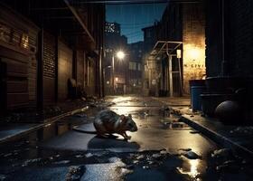 AI generated Rat in the alley at night. A rat walking down a street at night photo