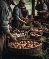 AI generated People collecting eggs at a farm. A group of men standing around baskets of eggs photo