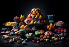 AI generated Colorful desserts arranged on black background. A table topped with lots of different types of candies photo