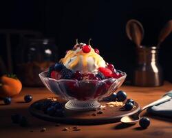 AI generated Delicious Ice Cream Bowl With Fresh Berries and Cherries. A bowl of ice cream topped with berries and cherries photo