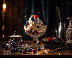 AI generated Delicious Bowl of Ice Cream Topped with Fresh Cherries and Blueberries. A bowl of ice cream with cherries and blueberries photo