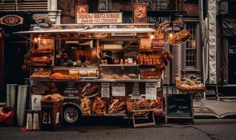 ai generado un vistoso comida camión servicio delicioso calle alimento. un comida camión estacionado en el lado de un calle foto