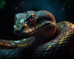 AI generated Snake with dragon horns. A close up of a snake on a black background photo