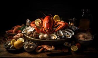 AI generated Seafood platter with lobster scallops clams. A table topped with lots of different types of seafood photo