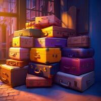 AI generated Various suitcases on colorful backgrounds. A pile of suitcases sitting in front of a window photo