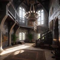 ai generado ultra realista moderno castillo interior. un grande habitación con un candelabro colgando desde el techo foto