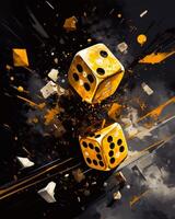 AI generated The game of dice is being shaken. Two yellow dices are flying through the air photo