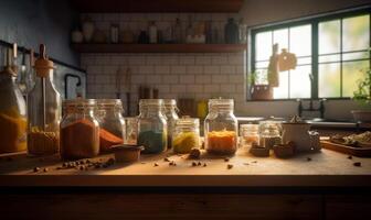 AI generated Vintage kitchen stock photo image of spices. A wooden table topped with jars filled with food