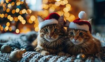 ai generado dos gatos vistiendo Papa Noel sombreros en frazada, fiesta celebracion, festivo mascotas, Navidad mascotas foto