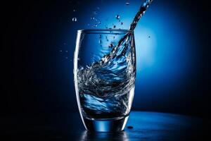 AI generated Water pouring into a glass in a blue background. A glass filled with water on top of a table photo