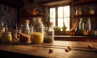 AI generated Vintage kitchen stock photo image of spices. A wooden table topped with jars filled with food