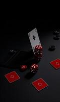 AI generated Cards and dice with a red card. Playing cards and dice on a black table photo