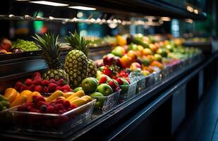 ai generado Fresco frutas y vegetales en un supermercado. un monitor caso lleno con un montón de diferente tipos de frutas foto