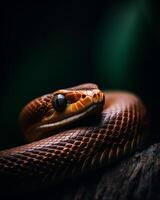 AI generated Macro photography long focal. A close up of a snake on a branch photo