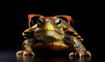 ai generado linda pequeño verde Tortuga con lentes. un pequeño Tortuga con lentes en es cabeza foto