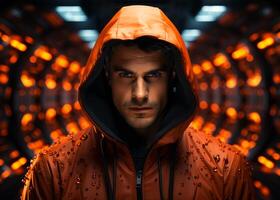 AI generated A man in hoodie is standing. A man in a hooded jacket standing in front of a tunnel photo