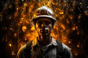 AI generated One man standing. A man wearing a hard hat standing in front of a fire photo