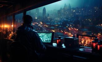 AI generated Security officers viewing. A man sitting at a desk in front of a computer photo