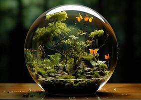 AI generated A glass ball holding a blue butterfly. A glass bowl filled with plants and butterflies photo