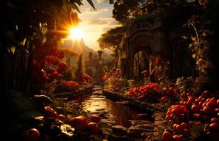 AI generated A mans garden with tomatoes in sunset. The sun is setting over a garden with flowers photo
