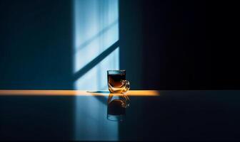 AI generated A Serene Evening with a Glass of Whiskey. A glass of whiskey sitting on a table in front of a window photo