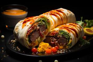 AI generated A wrap with meat and condiments. A black plate topped with a burrito covered in meat and veggies photo