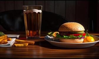 ai generado hamburguesa con papas fritas un hamburguesa y un vaso de cerveza en un mesa foto