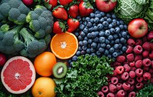 AI generated Circle of Fresh and Colorful Fruits and Vegetables. A vibrant assortment of various fruits and vegetables arranged in a captivating circle. photo