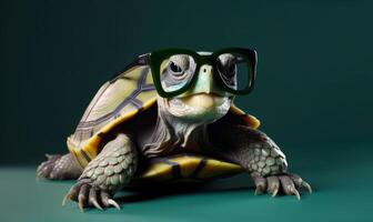 ai generado linda pequeño verde Tortuga con lentes. un pequeño Tortuga vistiendo un par de lentes foto