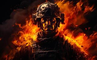 AI generated A soldier standing on a firey background. A man in a helmet standing in front of a fire photo