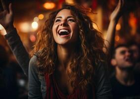 AI generated A girl with arms raised in the air. A woman laughing and raising her hands in the air photo