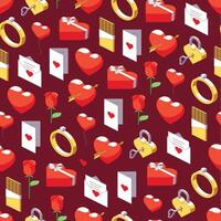 Seamless pattern of love related isometric icons on red background vector