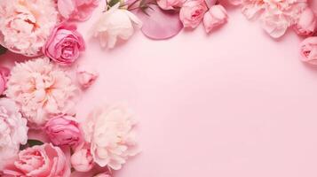 AI generated Peonies and roses arranged on a pink background, complete with space for text. An abstract, natural floral frame design offering room for wording. A romantic, Ai Generated photo