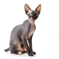 ai generado un pulcro sphynx gato, vacío de pelo, soportes fuera en un blanco fondo, ai generado foto