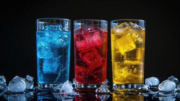 AI generated three glasses of soda on a black background, Ai Generated photo