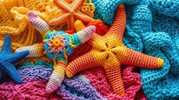 AI generated Crocheted beach toy, vibrant backdrop, handcrafted and adorable, Ai Generated photo