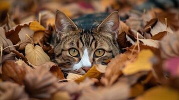 AI generated Playful cat hides amidst a pile of leaves, eyes peeking mischievously, autumn fun, Ai Generated. photo